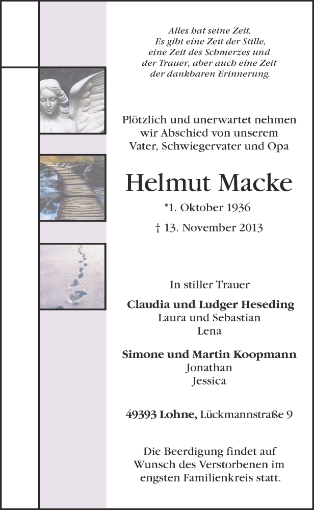  Traueranzeige für Helmut Macke vom 15.11.2013 aus OM-Medien